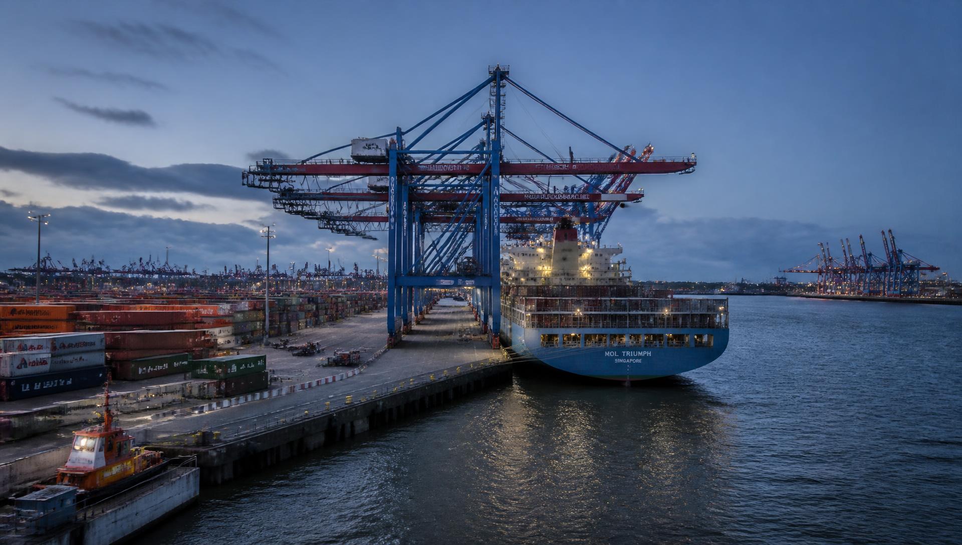 Container vessel being loaded at a European seaport